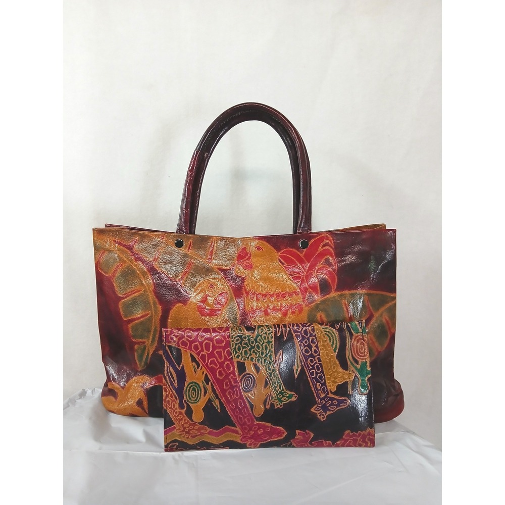 Vintage 70s Hand Painted Tooled Leather Tote Bag Wallet Set Parrot Giraffe India